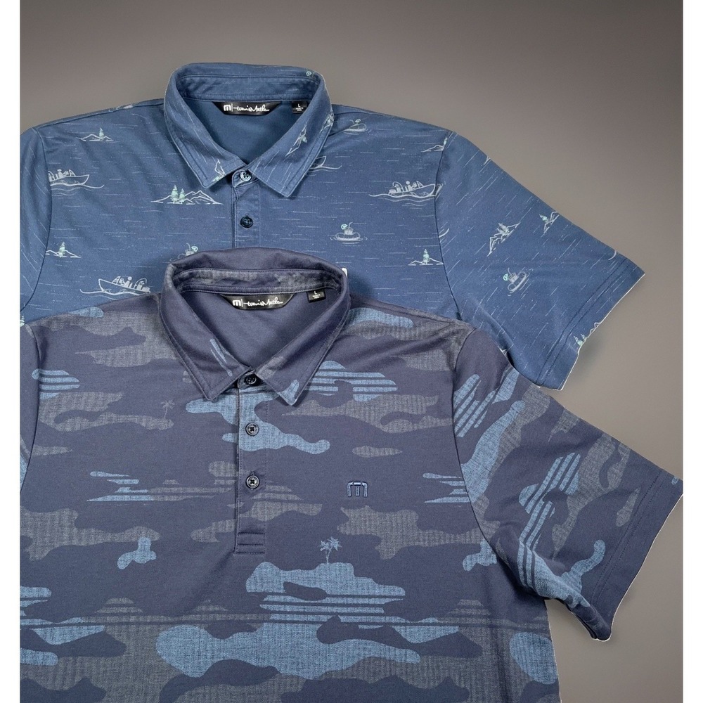 Lot of 2 TravisMathew Mens Large Golf Polo Shirts Navy Camo / Boats Pima Cotton